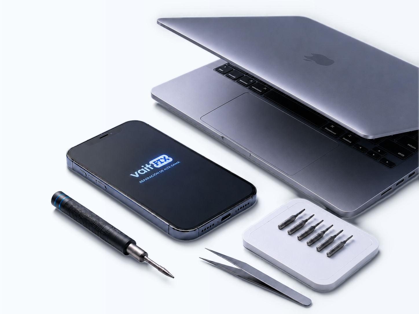 MacBook, iPhone con VaitFix y herramientas profesionales de reparación